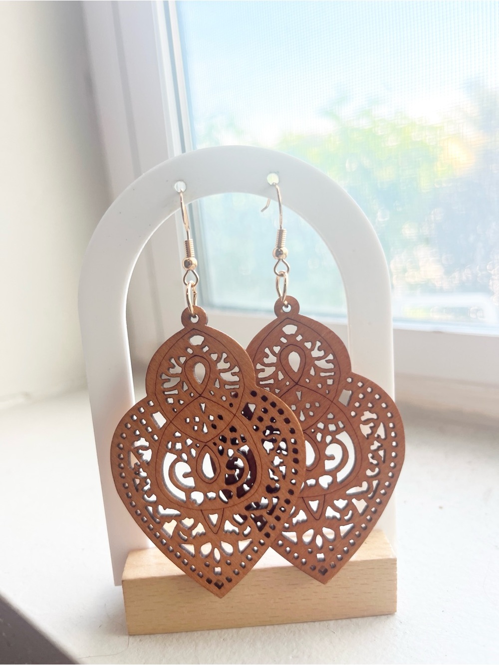 Wood Brown Filigree Teardrop Earrings